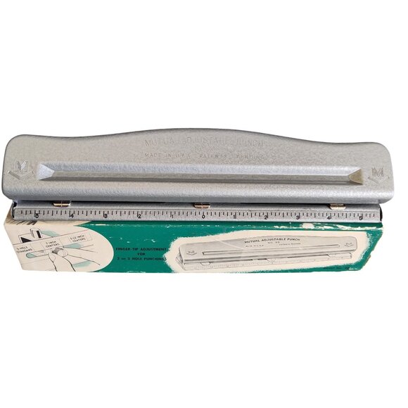 Vtg Mutual Adjustable Hand Punch No 20 Original Box Metal 2 or 3 Hole Made USA - Picture 3 of 16